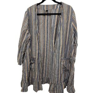 Wrap London Blue & Beige Striped Open Front 100% Linen Lightweight Duster Cardig